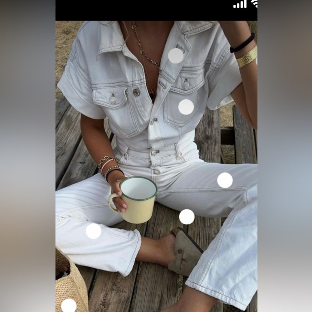 ZARA LONG DENIM JUMPSUIT Turned up short sleeves OYSTER WHITe s